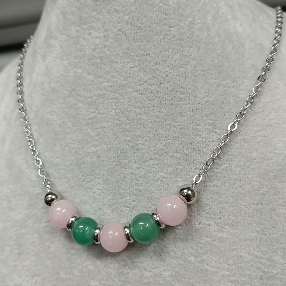 Rose Quartz Aventurine Beaded Necklace Natural Gemstone Crystal Stainless-Steel - Picture 4 of 14